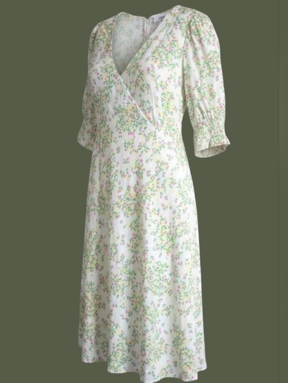 Floral Wrap Midi Dress in White and Green